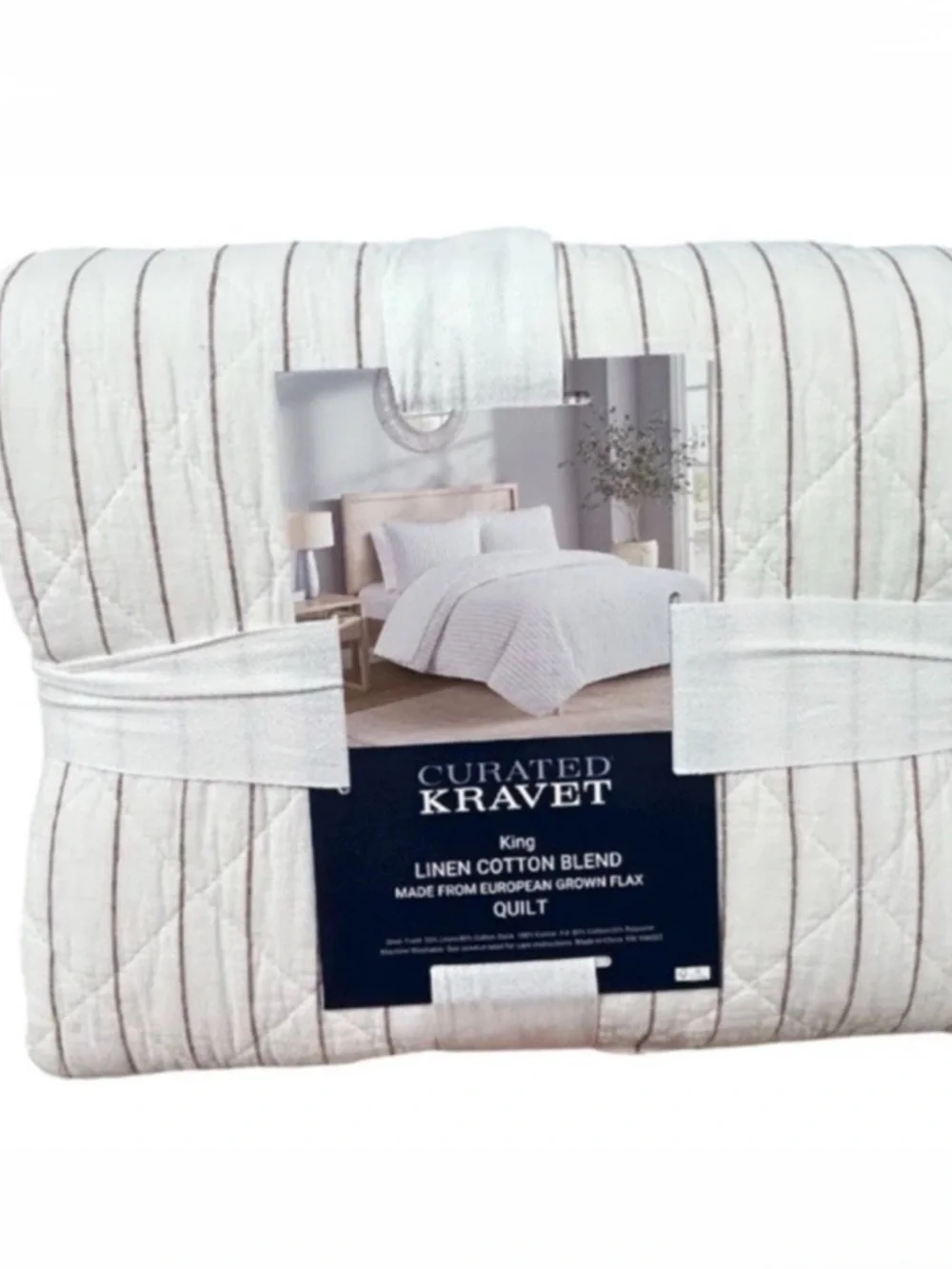 Curated Kravet Brown and White Linen Cotton European Flax King Quilt